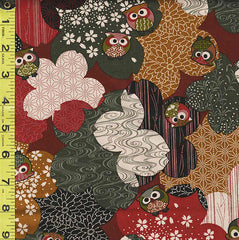 *Japanese Novelty - Colorful Owls & Decorative Cherry Blossoms - KW-1320-1B - Red - Last 1 3/4 Yards