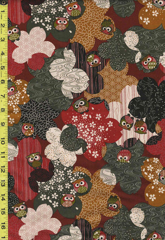 *Japanese Novelty - Colorful Owls & Decorative Cherry Blossoms - KW-1320-1B - Red - Last 1 3/4 Yards