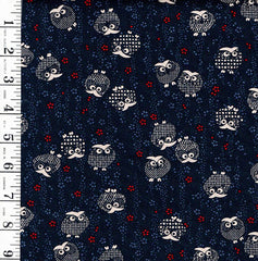 *Japanese Novelty - Small Owls & Tiny Red Blossoms - KW-3375-31A - Indigo