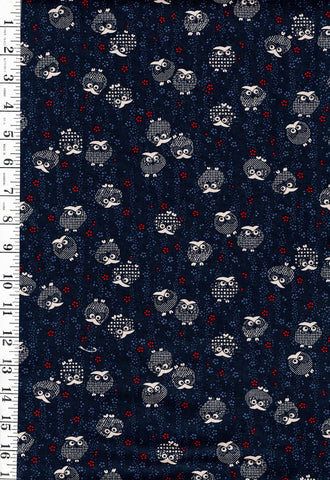 *Japanese Novelty - Small Owls & Tiny Red Blossoms - KW-3375-31A - Indigo