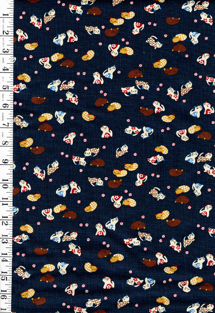 *Japanese Novelty - Small Colorful Kittens - KW-3375-15A - Dark Navy/ Indigo