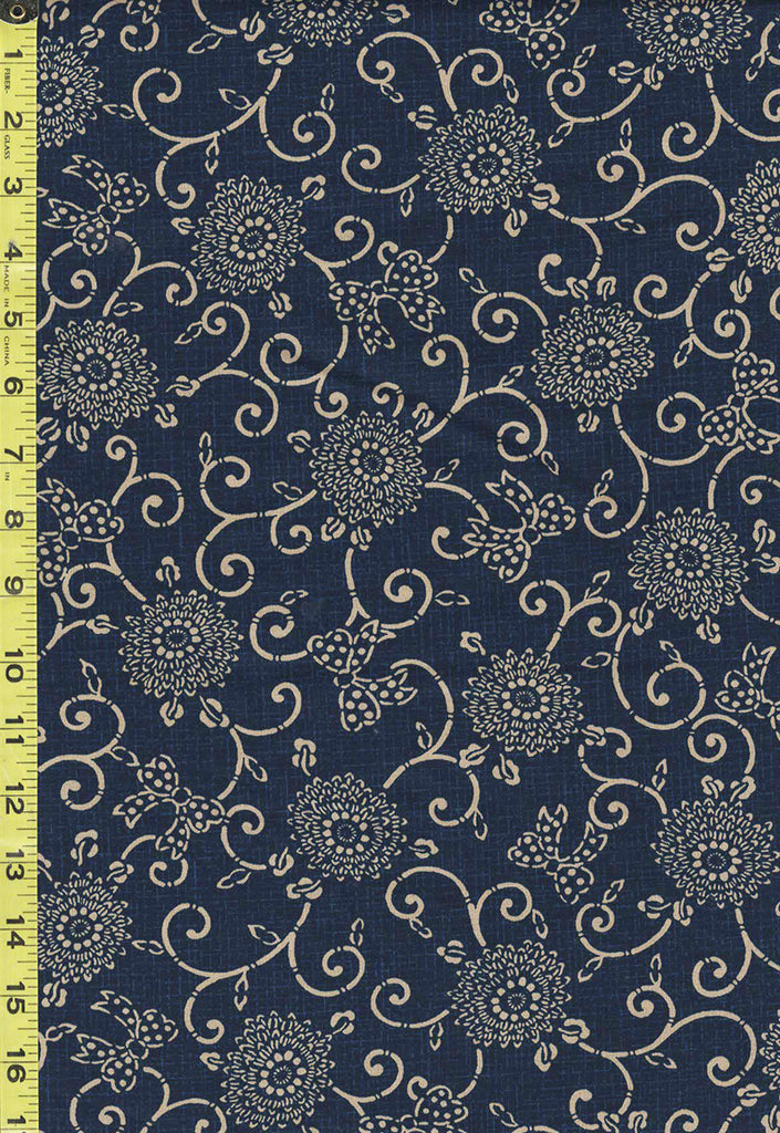 *Japanese - Traditional - Tan Floral Scroll - KW-3615-1A - Navy - Indigo
