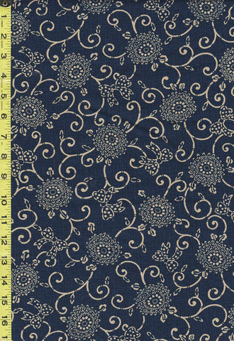 Japanese - Traditional - Tan Floral Scroll - KW-3615-1A - Navy - Indigo - Last 2 3/8 Yards