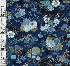 *Asian - Kasumi - Small Size Floral Garden & River Swirls - MU-043-B - Navy Blue