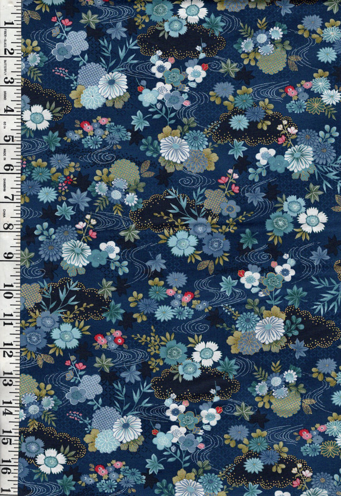 *Asian - Kasumi - Small Size Floral Garden & River Swirls - MU-043-B - Navy Blue