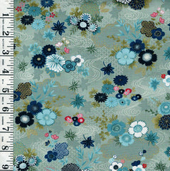 *Asian - Kasumi - Small Size Floral Garden & River Swirls - MU-043-T - Light Gray - Aqua