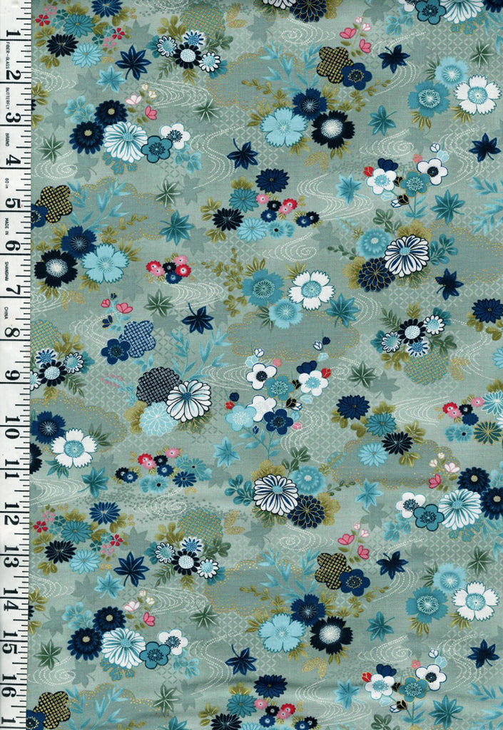 *Asian - Kasumi - Small Size Floral Garden & River Swirls - MU-043-T - Light Gray - Aqua