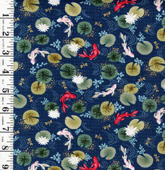 *Asian - Kasumi - Small Colorful Koi & Lily Pads - MU-045-B8 - Navy Blue