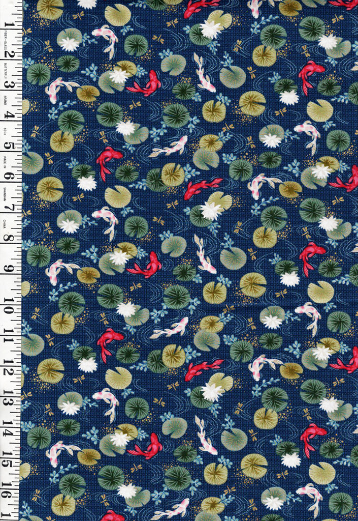 *Asian - Kasumi - Small Colorful Koi & Lily Pads - MU-045-B8 - Navy Blue