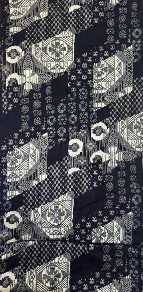 *Japanese - Kobayashi - Woven Geometric & Floral Motifs - Indigo & Gray - Last 1/2 Yard