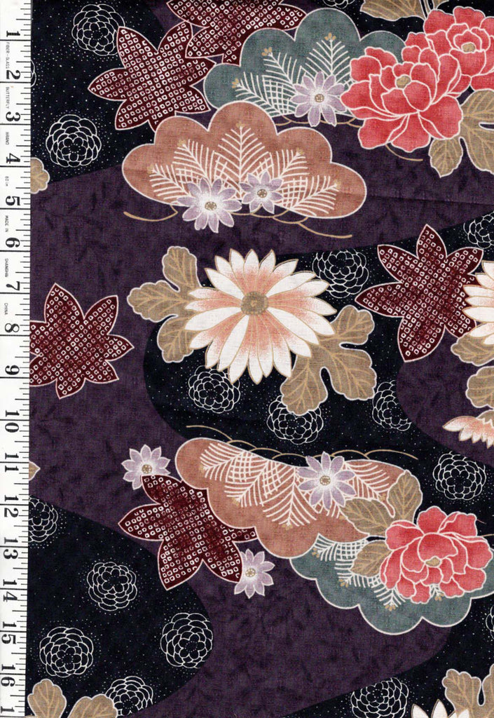 *Japanese - Kobayashi Maple Leaves, Daisies & Pines - Purple & Black - By the Half Yard