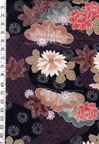 *Japanese - Kobayashi Maple Leaves, Daisies & Pines - Purple & Black - By the Half Yard