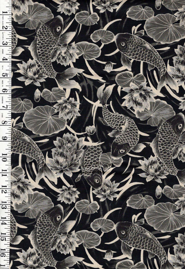 *Quilt Gate - Gosaiyuuboku Koi & Water Lilies - HR3490-11E - Black - By the Half Yard