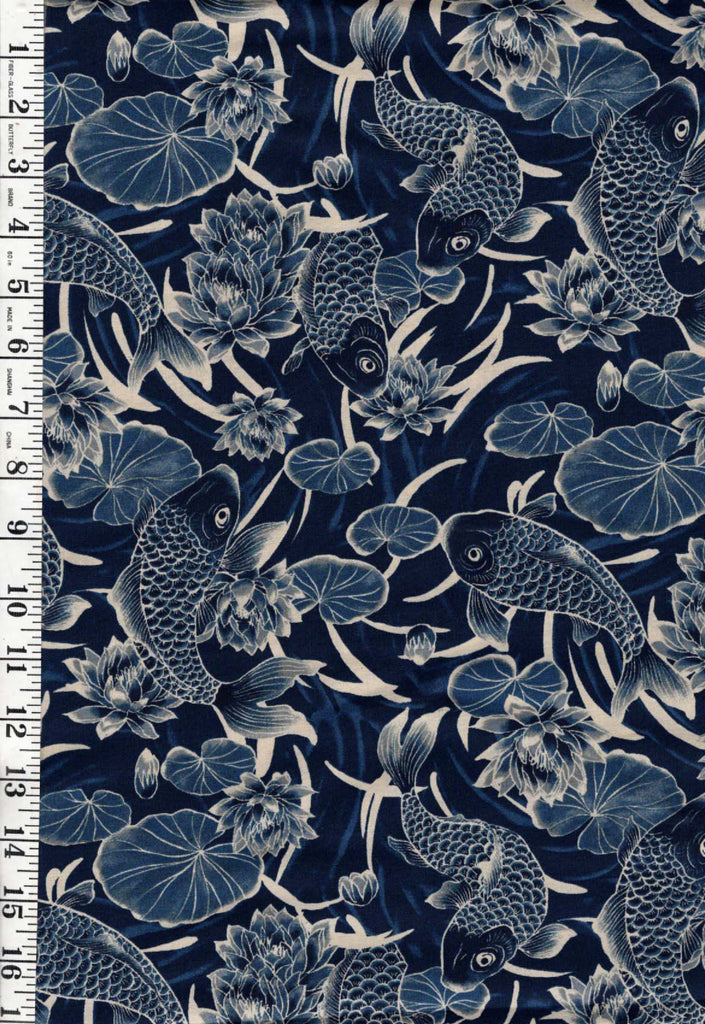 *Quilt Gate - Gosaiyuuboku Koi & Water Lilies - HR3490-11D - Navy - By the Half Yard
