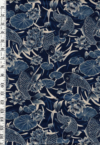 *Quilt Gate - Gosaiyuuboku Koi & Water Lilies - HR3490-11D - Navy - By the Half Yard