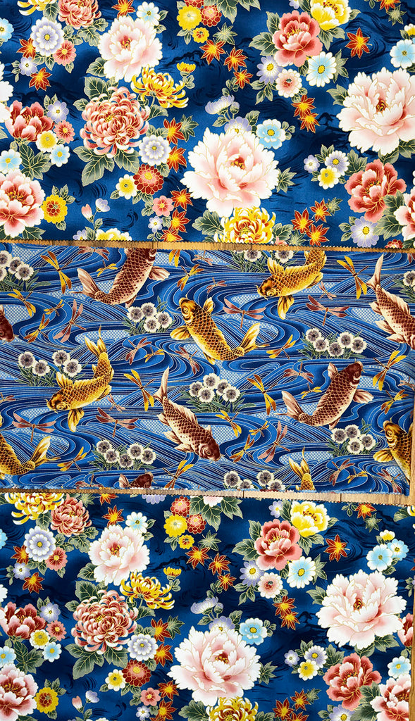 Kona Bay - Koi, Mums & Peonies - 3 pieces - 1/3 yard each (12" x 44") - Blue