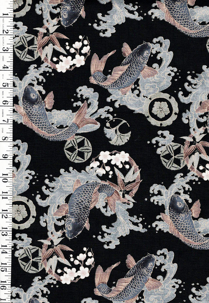 *Japanese - Koi, Bamboo, Cherry Blossoms & Waves - Dobby Weave - Black - Last 2/3 yards