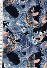 *Japanese - Koi (Carp) Toss in Crested Waves - Oxford/ Canvas Cloth - Indigo - Last 1 1/2 yards