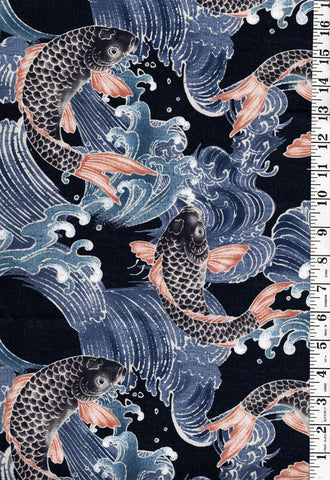 *Japanese - Koi (Carp) Toss in Crested Waves - Oxford/ Canvas Cloth - Indigo - Last 1 1/2 yards