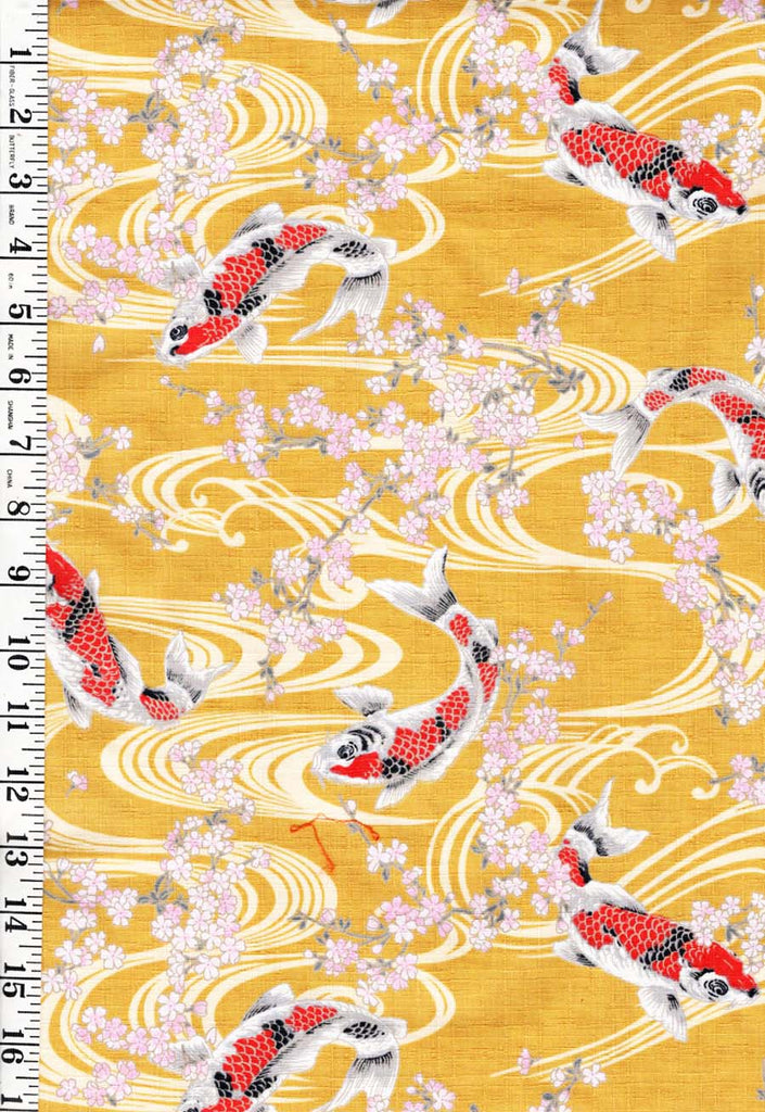 *Japanese - Hokkoh Colorful Koi & Cherry Blossoms - Dobby Weave - 1021-120B - Bright Yellow - Last 2 1/2 yards