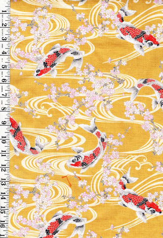 *Japanese - Hokkoh Colorful Koi & Cherry Blossoms - Dobby Weave - 1021-120B - Bright Yellow - Last 2 1/2 yards