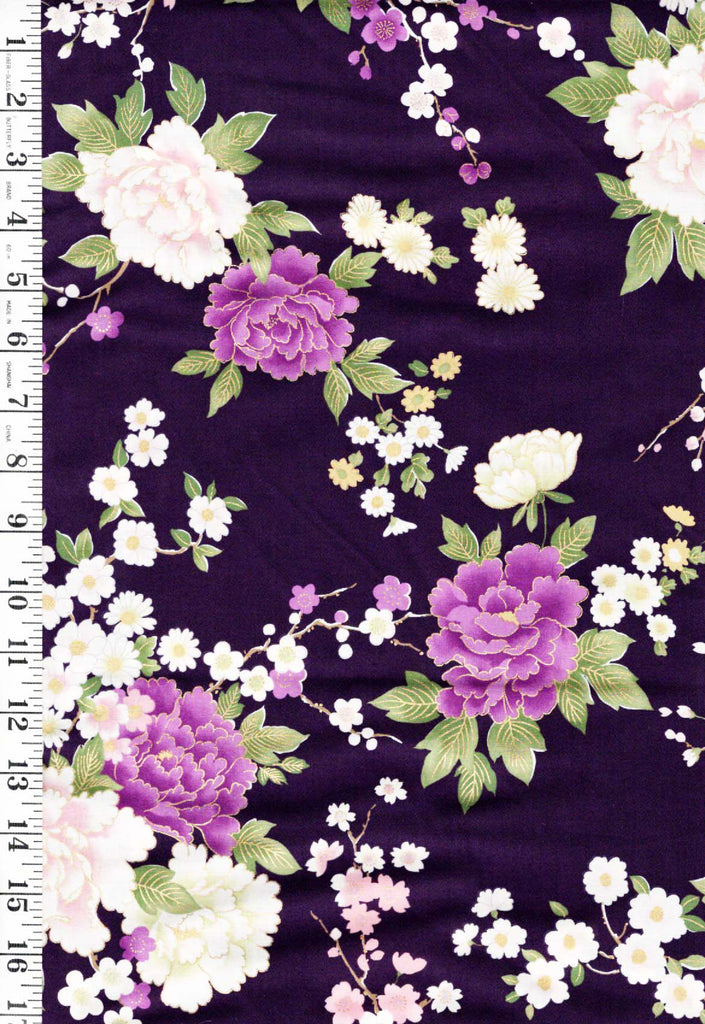 *Japanese - KOKKA - Colorful Peonies, Cherry Blossoms & Daisies - YGA-79070-2B - Purple - By the Half Yard