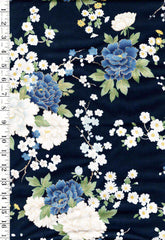*Japanese - KOKKA - Colorful Peonies, Cherry Blossoms & Daisies - YGA-79070-2C - Dark Navy - By the Half Yard