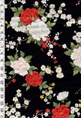 *Japanese - KOKKA - Colorful Peonies, Cherry Blossoms & Daisies - YGA-79070-2D - Black - By the Half Yard
