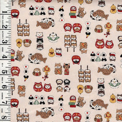 *Japanese Novelty - Kokka - Tiny Cats & Fish, Daruma Cats & Sushi - YKA-36030-A17 - Lightweight Oxford Cloth - Natural - By the Half Yard