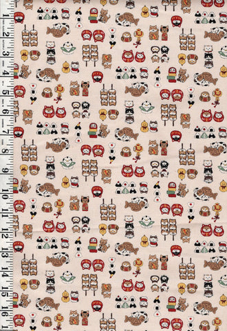 *Japanese Novelty - Kokka - Tiny Cats, Fish, Daruma & Sushi - YKA-36030-A17 - Lightweight Oxford Cloth - Natural - By the Half Yard