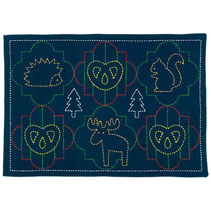 Sashiko Placemat Sampler - L-2005 - Nordic Animal Cookies (Hedgehog, Moose & Squirrel) - Navy