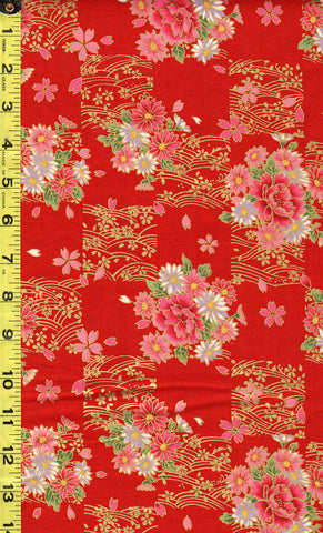 Japanese - Kokka Princess Heart - Floral Squares & Floating Cherry Blossoms - LGA-21000-2B21-Red - Last 2 5/8 Yards