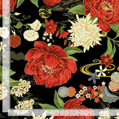 *Asian - LOTUS GARDEN - Floral Garden & River Swirls - CM3661 - Black - By the Half Yard