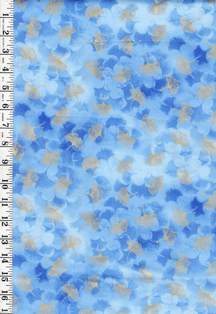 *Asian - Moonlight Collection - Floating Ginkgo - Tonal Blue & Gold Metallic - LOTUS-CM3985 - Blue - By the Half Yard
