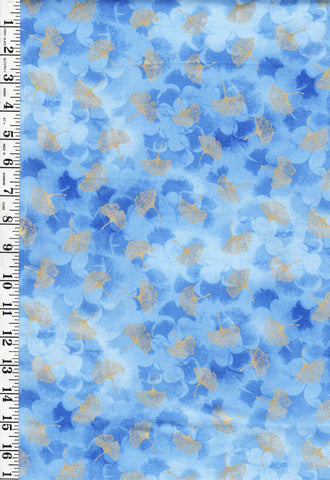 *Asian - Moonlight Collection - Floating Ginkgo - Tonal Blue & Gold Metallic - LOTUS-CM3985 - Blue - By the Half Yard