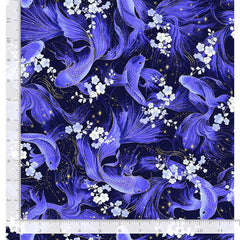 *Asian - Moonlight Collection - Koi & Cherry Blossoms - LOTUS-CM3992 - Black - By the Half Yard