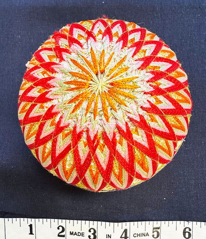TEMARI BALL - Large Size - Red, Orange, Pink & Gray with Gold Metallic - Vintage