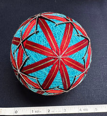 TEMARI BALL - Large Size - Turquoise Blue, Red, Black & Silver Metallic - Vintage