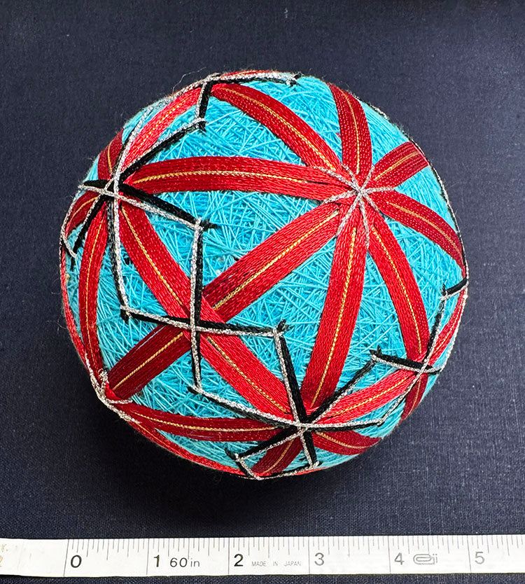 TEMARI BALL - Large Size - Turquoise Blue, Red, Black & Silver Metallic - Vintage