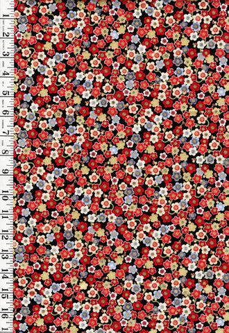 *Asian - LOTUS GARDEN - Small Compact Colorful Cherry Blossoms - CM3666 - Black - By the Half Yard (Copy)