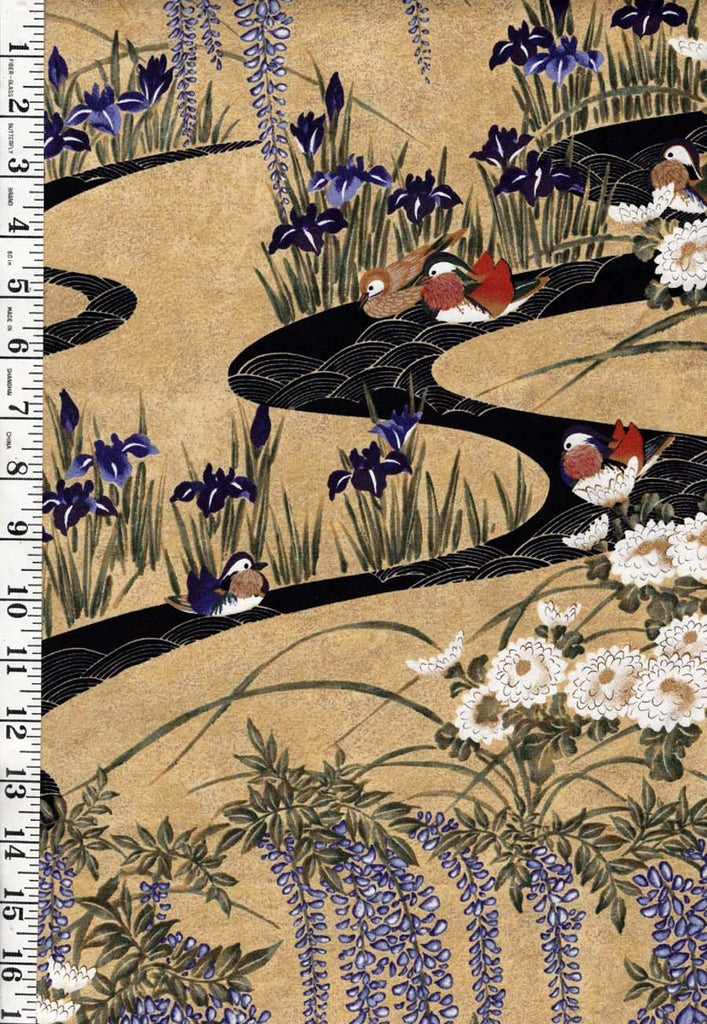 Asian - Fuji Garden - Small Mandarin Ducks, Iris & Wisteria -  CM879 - Gold