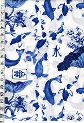 *Asian - Koi, Lotus & Waves - C744 - Blue & White - Last 1/2 yard & 1/8th yard piece