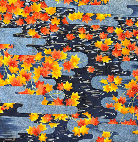 Furoshiki - Japanese Wrapping Cloth - Maple Leaves & Water Swirls - Navy - ONE ONLY - Design Flaw - 50% OFF