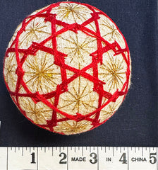 TEMARI BALL - Medium Size - Cream & Red with Gold Metallic - Vintage