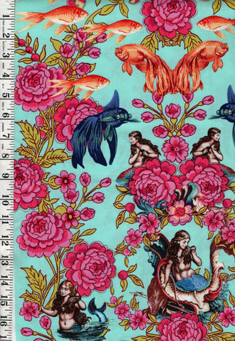 *Tropical -  Lost in Atlantis - Mermaids, Peonies & Colorful Fish - Turquoise - Last 1 yard