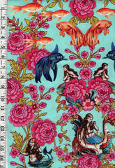 *Tropical -  Lost in Atlantis - Mermaids, Peonies & Colorful Fish - Turquoise - Last 1 yard