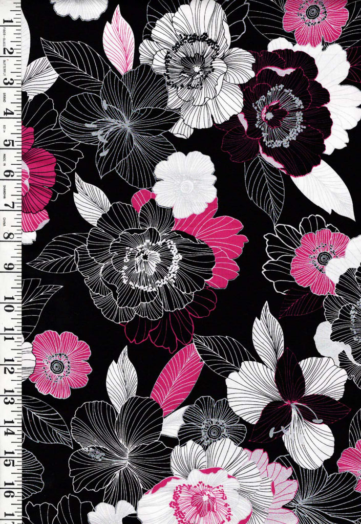 *Floral - Midnight Pearl - Hot Pink & White Florals - Silver Metallic - Last 1/2 yard