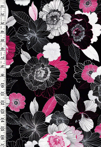 *Floral - Midnight Pearl - Hot Pink & White Florals - Silver Metallic - Last 1/2 yard