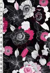 *Floral - Midnight Pearl - Hot Pink & White Florals - Silver Metallic - Last 1/2 yard