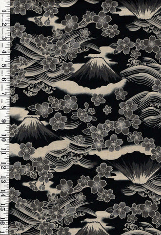 *Quilt Gate - Gosaiyuuboku Mt. Fuji & Cherry Blossoms - HR3490-13E - Black - By the Half Yard (Copy) (Copy)